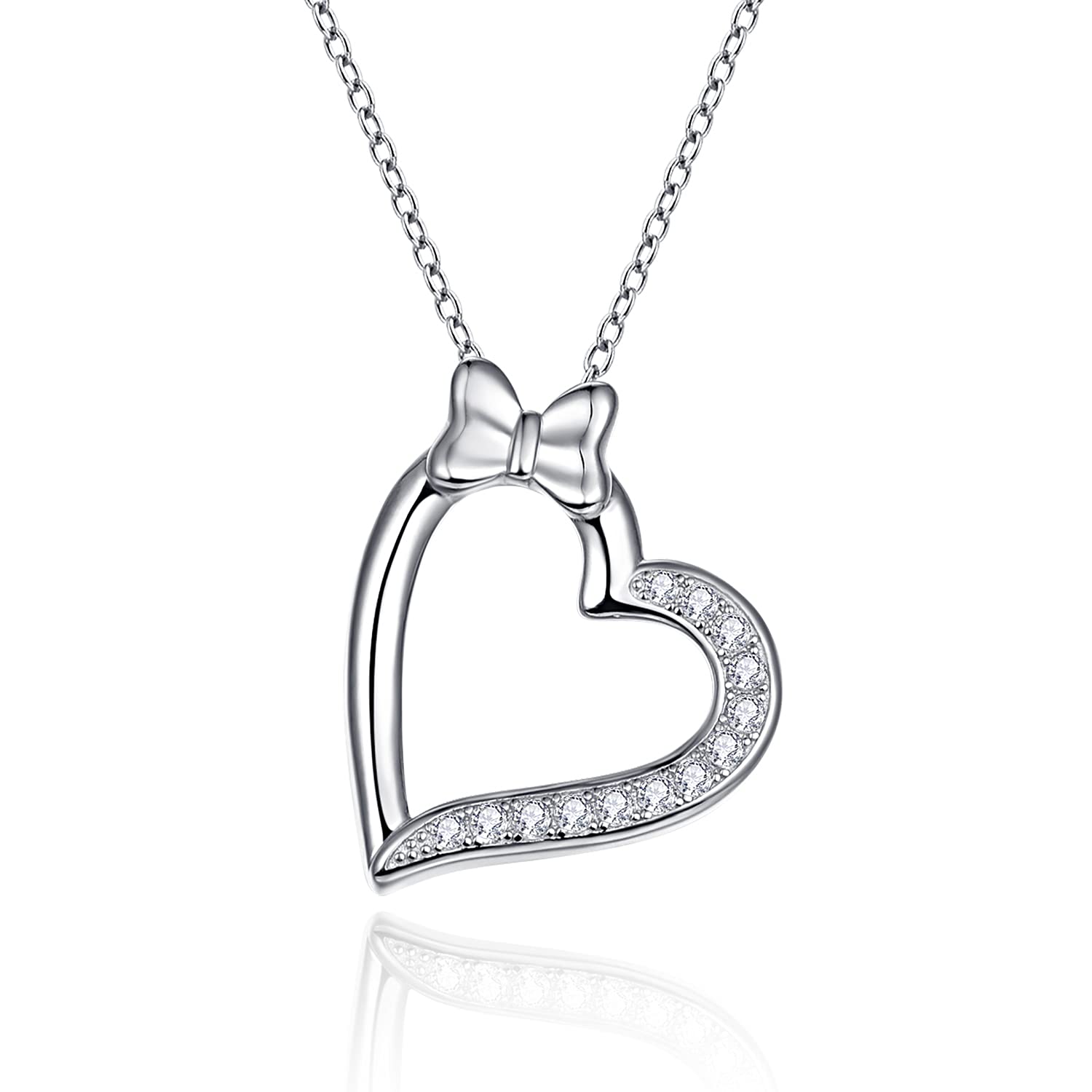 Bonlavie Love Heart Bowknot Silver Pendant Necklaces for Women 925 Sterling Silver Necklaces Gifts for Wife Mum Friend Birthday Anniversary Day, with 18" Cable Chain