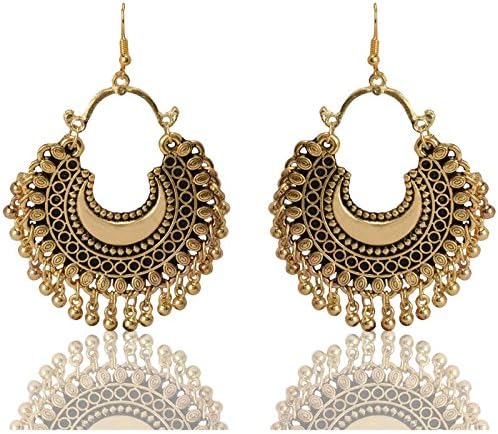 Golden Beaded Metal Chandbali Earrings for Women