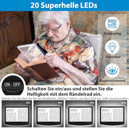 6 x Magnifying Glass with Light, Reading Magnifier for Seniors, Large, Rechargeable Dimmable LED Handheld Magnifier, Lightweight Book Magnifier for Reading Newspapers, Small Print, Ideal Magnifying