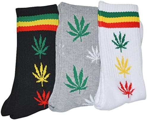 Pot Leaf Rasta Socks Crew Length, Size 10-13, 3 Pairs, Assorted Colors, Unisex