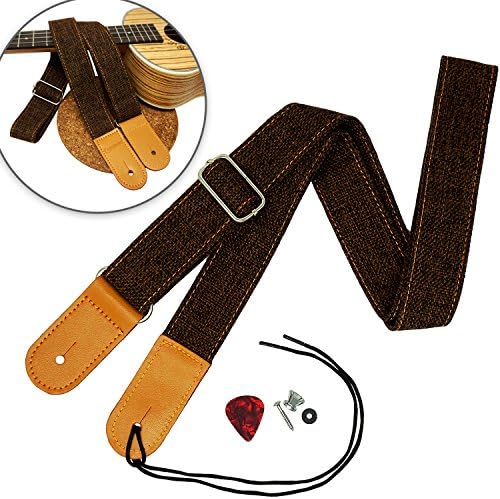 KSEV Ukulele Strap Country Style Soft Cotton Linen &amp; Genuine Leather Ukulele Shoulder Strap with Strap Button Set and pick. Coffee