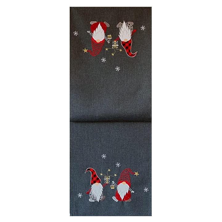 Raebel OHG Table runner, table cover, cushion cover, Christmas, grey, anthracite, embroidered with two gnomes in red (40 x 140 cm)