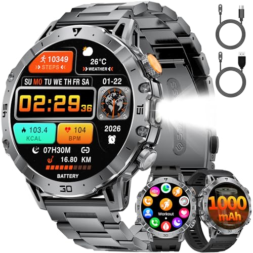 LIGE Men's Military Smartwatch 1000 mAh Large Battery, 1.7 Inch HD Large Display with Phone Function, LED Torch Fitness Watch with 110+ Sports Modes, Heart/Sleep Tracking, IP68 Sports Watch iOS