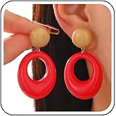 Yheakne Vintage Acrylic Red Circle Dangle Earrings Acrylic Oval Earrings Large Resin Hoop Drop Earrings Hollow Geometric Earring Resin Disc Stud Earring Jewelry for Women