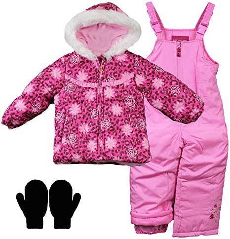 London Fog Toddler Girls Winter Snowsuit Coat, Snow Bibs, and Mittens Pink 2T