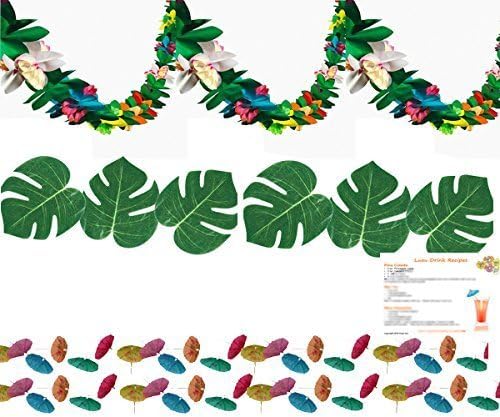 Luau Party Supplies --- 3 Tissue Garlands (9 ft each), 8 inch Tropical Leaves (12), 144 Paper Cocktail Umbrellas and Hawaiian Luau Drink Recipes