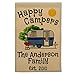 Happy Camper World Personalized Camping Garden Sized Flag, Happy Campers and Vintage Travel Trailer Graphic, with 3 Additional Lines of Custom Text, Printed on Tan Fabric, Blue Camper