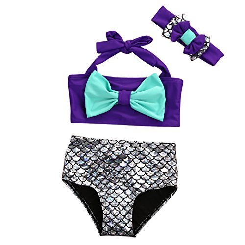 Kids Baby Girls 3Pcs Princess Mermaid Swimwear Bow-knot Bikini Set Swimsuit with Headband, 4-13Y