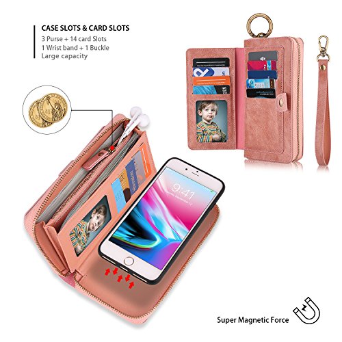 JAZ iPhone 8 / 7 Wallet Case - Zipper Purse Detachable Magnetic 14 Card Slots Wristlets Leather Wallet Case for Apple iPhone 8 / 7 / 6 / 6S