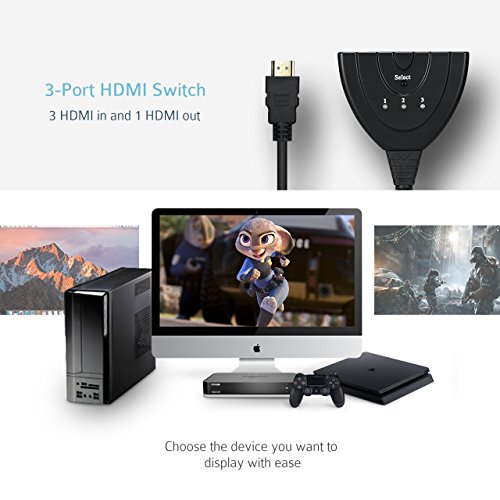 Yantop 3-Port HDMI Switch Splitter with Micro USB Charging Cord and Pigtail Cable, Support 3D & Full HD 1080P, 3 Input 1 Output HDMI Hub Extender Adapter, for Apple TV(with HDMI Port) PS3 PS4 TV Box