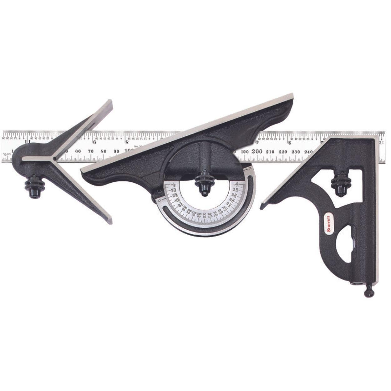 Starrett 435ME-300 Cast Iron Square, Centre And Reversible Protractor Heads With Regular Blade Combination Set, Black Wrinkle Finish, 300 mm Size