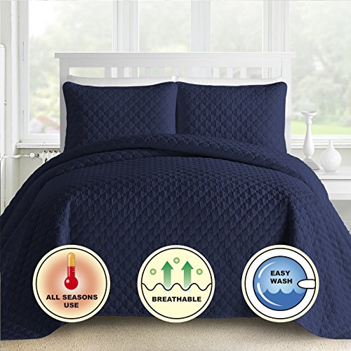 Oversized and Prewashed Comfy Bedding Lantern Ogee Quilted 3-piece Bedspread Coverlet Set (Full/Queen, Navy Blue)