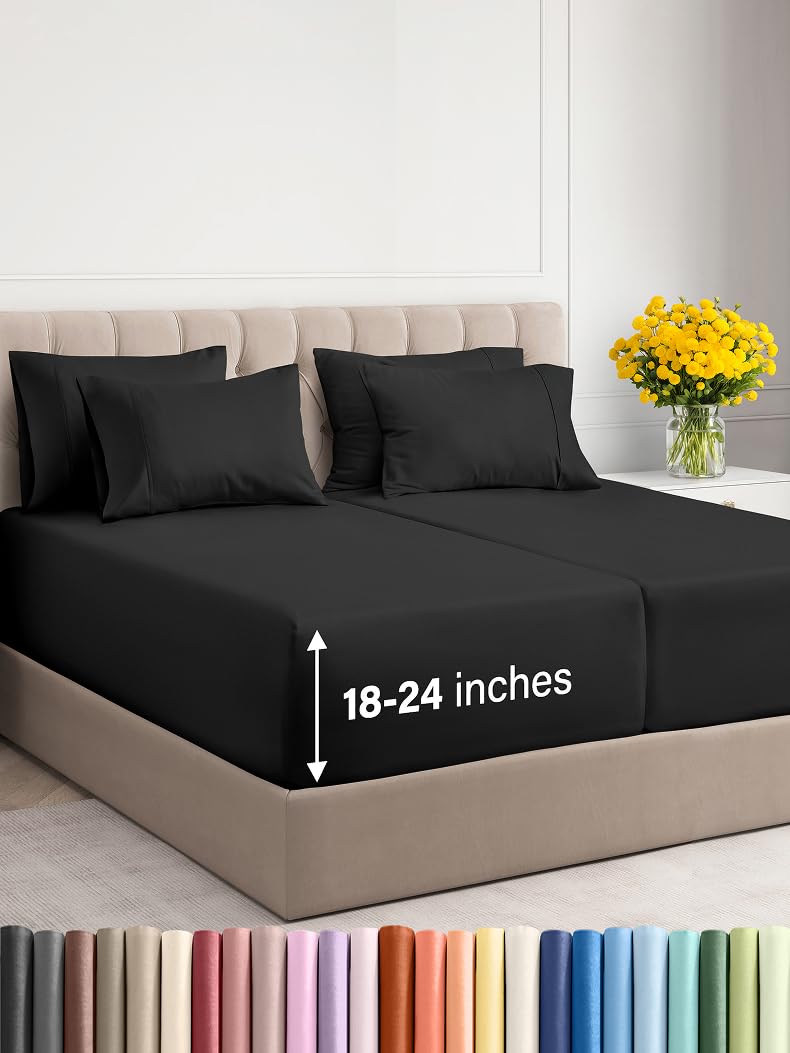 Photo 1 of Extra Deep Split King Sheet Set - 7 Piece Breathable & Cooling Sheets - Hotel Luxury Bed Sheets Set - Easy & Secure Fit - Soft, Wrinkle Free & Comfy Sheets Set - Black Sheet Set w/Extra Deep Pockets