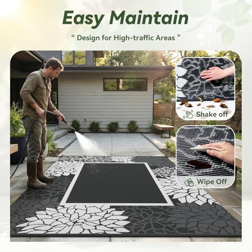 RESARE-Outdoor Rug-Patio Rug 8x10 ft RV Camping Floral Waterproof Mat Portable Outdoor Area Carpet for Deck Porch Picnic Balcony Backyard Beach Rugs Reversible Non Fading Black & White