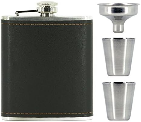 Nugilla Pocket Flask 7 oz - Stainless Steel with Black Leather Wrapped Cover and Copper Cap, Included Funnel and Two Wine Glass, 100% Leak Proof, Black Gift Box Suite