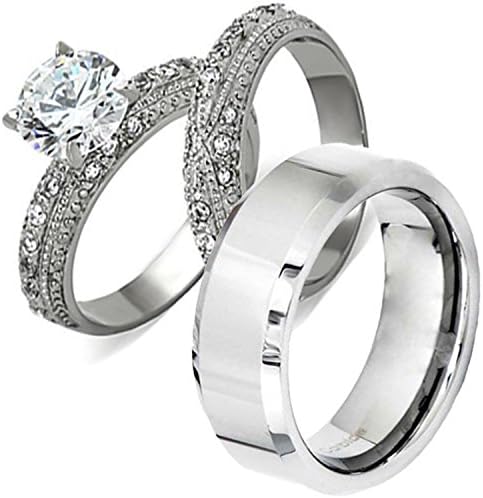 His Hers Round Cubic Zirconia Vintage Stainless Steel &amp; Beveled Edge Wedding Engagement Ring Sets TKJ