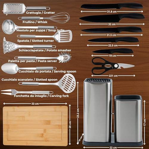 17-Piece Stainless Steel Kitchen Utensils Set with Professional Kitchen Knife Set, Professional Kitchen Chopping Board, Kitchen Knife Holder and Kitchen Accessories. Your Ideal Kitchen Kit