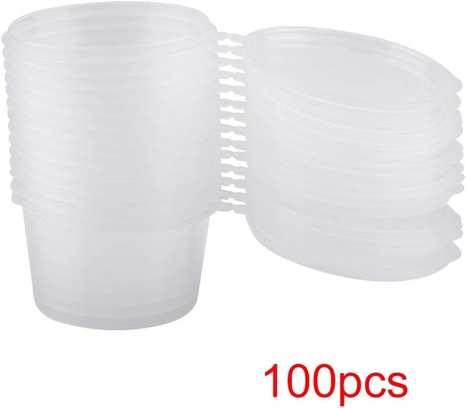 100Pcs 4OZ/100ML Plastic Sauce Cups with Attached Lids Takeaway Sauce Seasoning Box Portion Cups Clear for Condiment Souffle Jello Shot Sample Pill