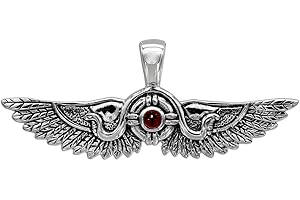 Moonlight Mysteries Egyptian Winged Sun Disk Pendant - Sterling Silver Isis Wings Jewelry Natural Garnet - 1 3/4 Inch Wide