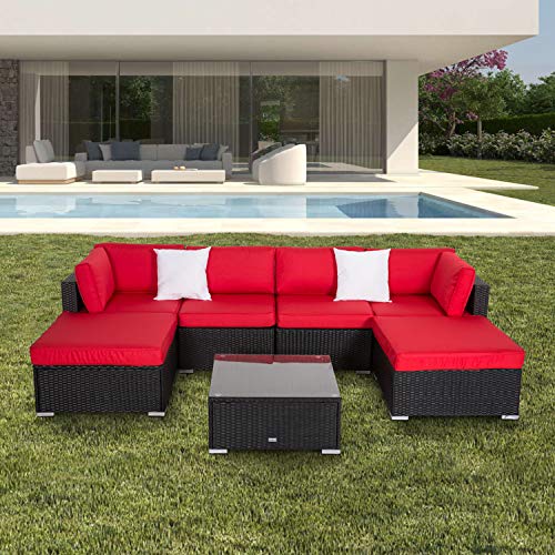 Peach Tree 7PCs Outdoor Patio Furniture Sectionals PE Wicker Rattan Sofa Set with 2 Ottomans Red