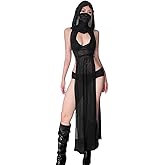 Women Gothic Hooded Dress Mock Neck Sleeveless Both High Slit Sheer Dress Y2K Festival Rave Outfits Cosplay Halloween Costume