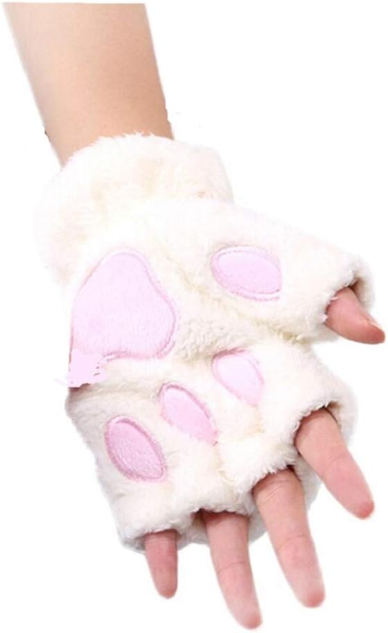 LowProfile Cat Paw Gloves Fingerless Girl Winter, Women Girls Half Finger Gloves Plus Velvet Thick Flip Keep Warm Gloves (White)