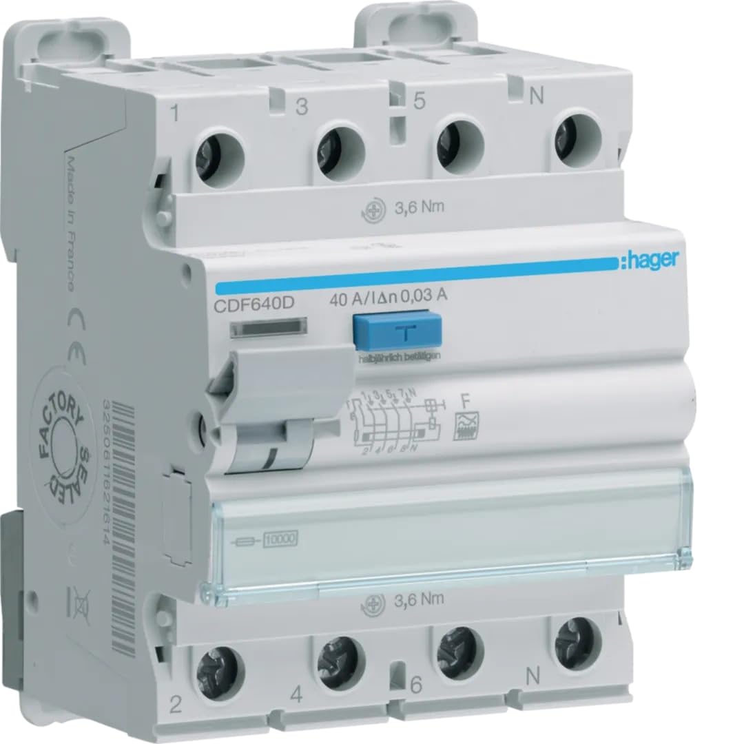 Hager CDF640D CDF640D FI Circuit Breaker F 4-Pin 40A 0.03A 400V