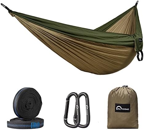 Camping Hammock, Portable Double Hammock with Tree Straps, Lightweight Nylon Parachute Hammocks Holds up 500lbs for Backpacking,Hiking,Travel,Beach,Yard(125 x 79in) - ALPRANG(Khaki/Army green)