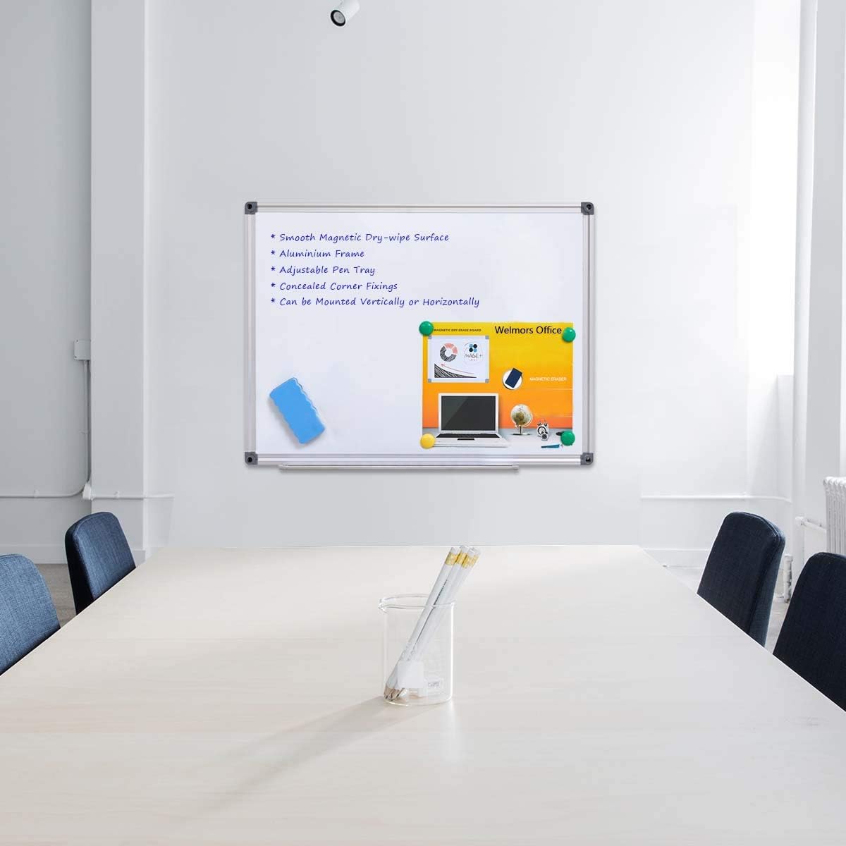 Welmors Office Magnetic White Board, Small Dry Erase Board 12'' x 16'', Aluminium Frame White Board with 4 Magnets, 1 Eraser. (12x16 inch) : Office Products