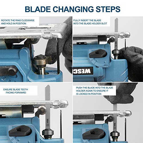 Jigsaw, WESCO 4.5 Amp Electric Jig Saw 0-3000 SPM Variable Speed, 4 Orbital Sets, ±45°Bevel Cutting Angle,Adjustable Aluminum Base, 10PCS Blades for Metal PVC Ceramic Wood Cutting/WS3770U