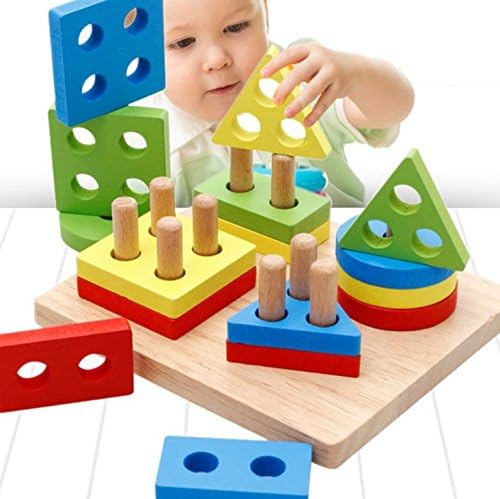 DalosDream Wooden Educational Preschool Shape Color Recognition Geometric Board Block Stack Sort Chunky Puzzle Toys, Birthday Gift Toy for age 3 4 5 Years Old and Up Kid Children Baby Toddler Boy Girl