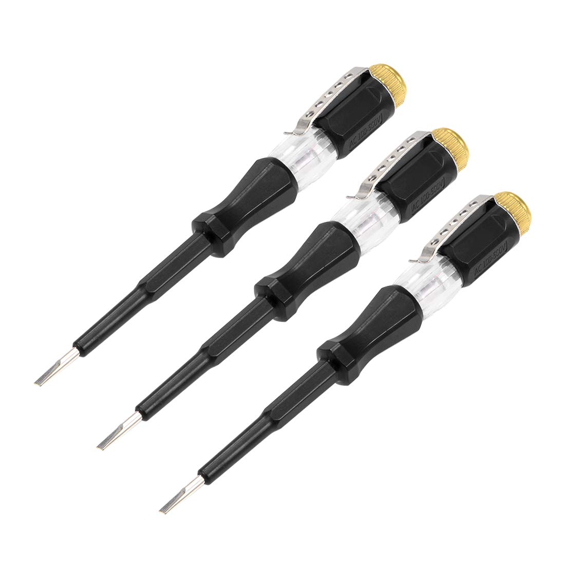 sourcing map Voltage Tester AC 100-500V with 3mm Slotted Screwdriver with Clip for Circuit Test, Black, Pack of 3