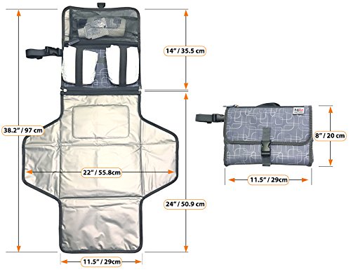 Portable Diaper Changing Pad for Baby to Toddler - Waterproof Cushioned Pad and Built in Head Pillow, 3 Pockets - Wipeable - Lightweight On the Go Diapering Solution - Stylish Unique Design - Grey