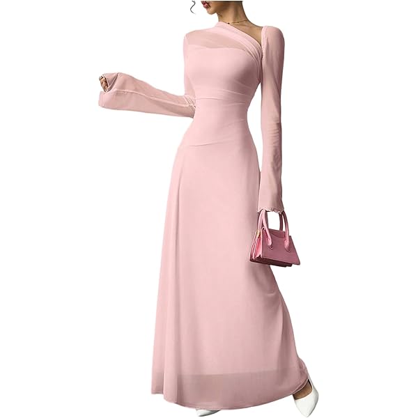 GORGLITTER Women's Asymmetrical Neck Mesh Maxi Dresses Elegant Classy Fall Long  Sleeve Formal Wedding Guest Prom Dress Pink Medium at Amazon Women's  Clothing store