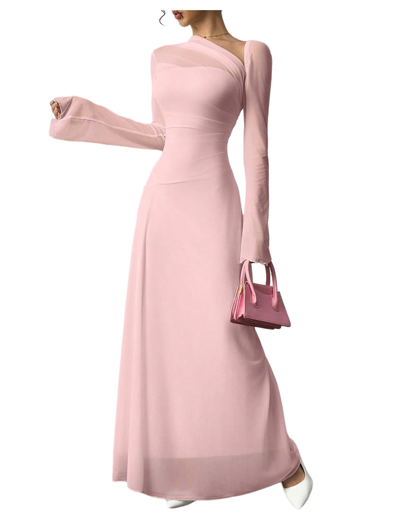 Photo 1 of GORGLITTER Women's Mesh Bell Long Sleeve Maxi Dress Sheer Asymmetrical Neck Slip Long Dresses Party Cocktail Pink Large
