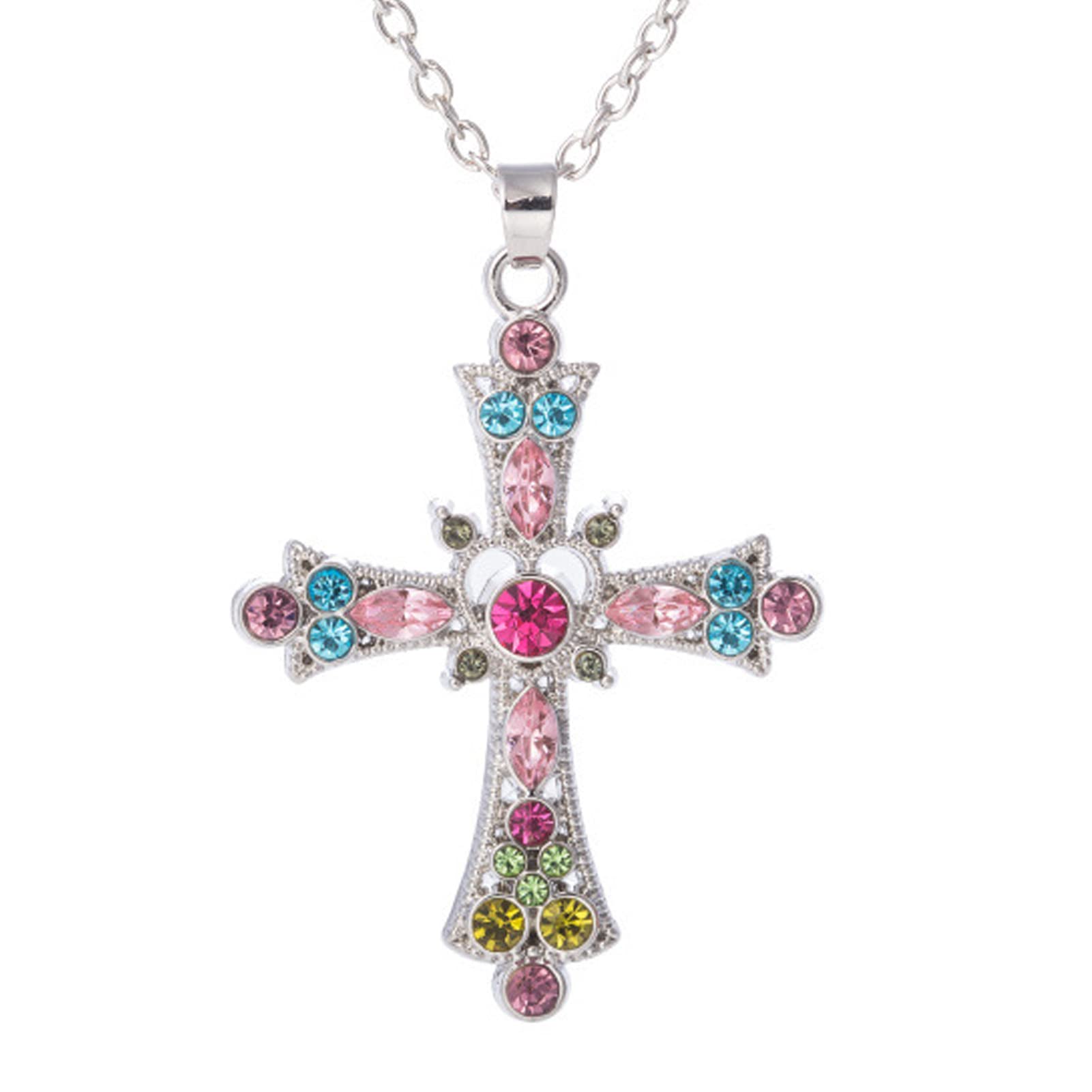 Cross Necklace for Women Religious Faith Gift Jewellery Infinity Crucifix Crystal Pendant for Girls 18 Inches Long with Adjustable Chain (pink blue)