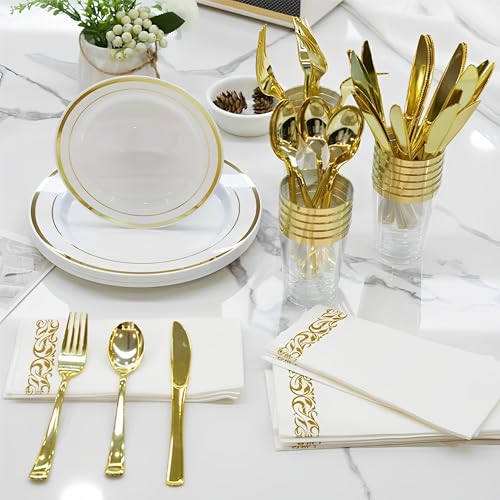 Beauenty 175 Piece Gold Plastic Dinnerware Set for 25 Guests,Elegant Disposable Dinnerware Set for Parties,Include:25 Dinner Plates,25 Dessert Plates,25 Pre Rolled Napkins with Cutlery Set,25 Cups