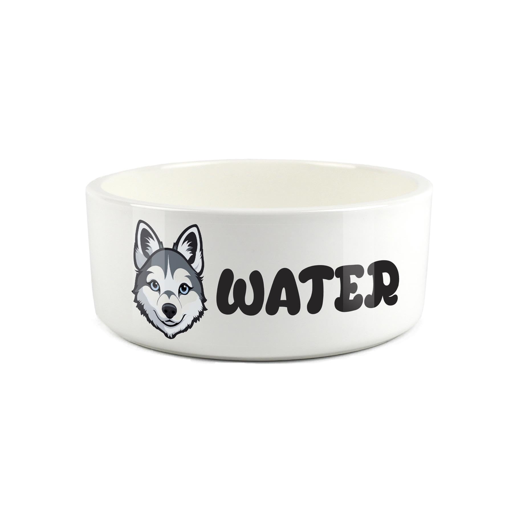 Husky Pet Bowl - Cartoon Dog Portrait Large Ceramic Water Bowl - Novelty White Water Dish For Dogs