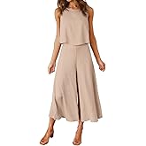 ROYLAMP Women's Summer 2 Piece Outfits Round Neck Crop Basic Top Cropped Wide Leg Pants Set Jumpsuits