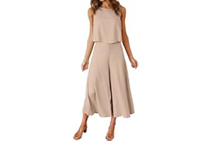 ROYLAMP Women's Summer 2 Piece Outfits Round neck Crop Basic Top Cropped Wide Leg pants Set Jumpsuits