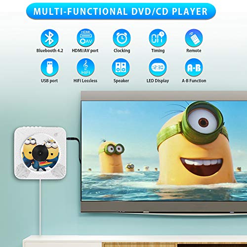 Portable CD/DVD Player with Bluetooth,Wall Mountable CD DVD Player HDMI Builtin HiFi Speaker