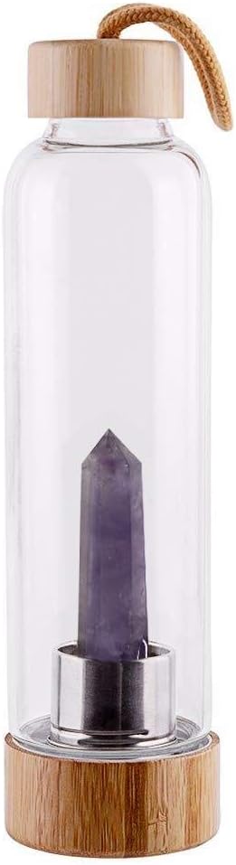 AJIC Crystal Water Bottle with Bamboo Lid, Natural Crystal Glass Water Bottle for Making Healing Gemstone Infused Water, 18OZ (Color : Amethyst)