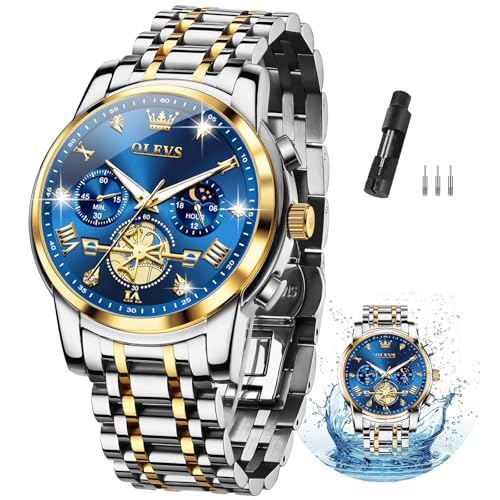 OLEVS Men Silver Watches,Men's Stainless Steel Chronograph Watch,Man Analog Quartz Big Face Male Watches Luxury Waterproof Roman Numeral Dress Diamond Relojes para Hombre