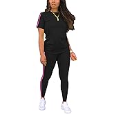 BNGPIKLY Women's 2 Piece Outfits Sweatsuit Summer Workout Striped Short Sleeve Long Sweatpants Casual Jogging Lounge Set