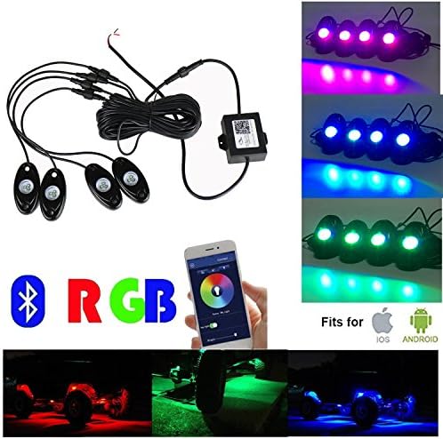 4 Pods of Bluetooth RGB LED Rock Lights Timing Function, Music Mode - Neon LED Under glow Light Kits for Offroad jeep wrangler jk jku Boat Trail Rig Lamp