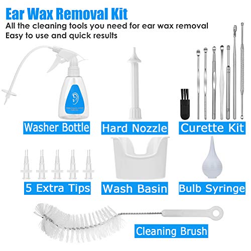 Ear Wax Removal Tool Kit, Ear Cleaner with Washer Bottle, Basin, Syringe, Disposable Tips, Curette Set for Adults and Kids