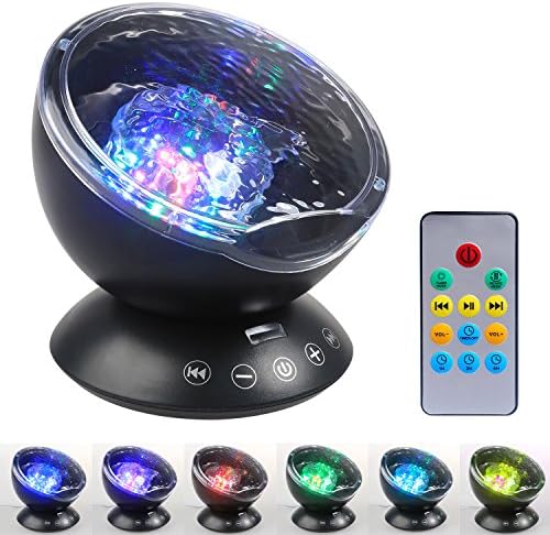Color Our Life Remote Control Night Light Ocean Wave Projector 12 LED 7 Colors with Built-in Mini Music Player for Kids Baby Adults Bedroom and Living Room (Black)