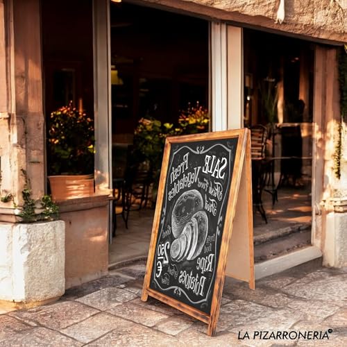 LA PIZARRONERIA Pizarrón de Gis Tipo A Doble Vista 100cm x 54cm | Marco Flameado Nogal, Para Restaurantes, Para Cafeterías, Para Negocios