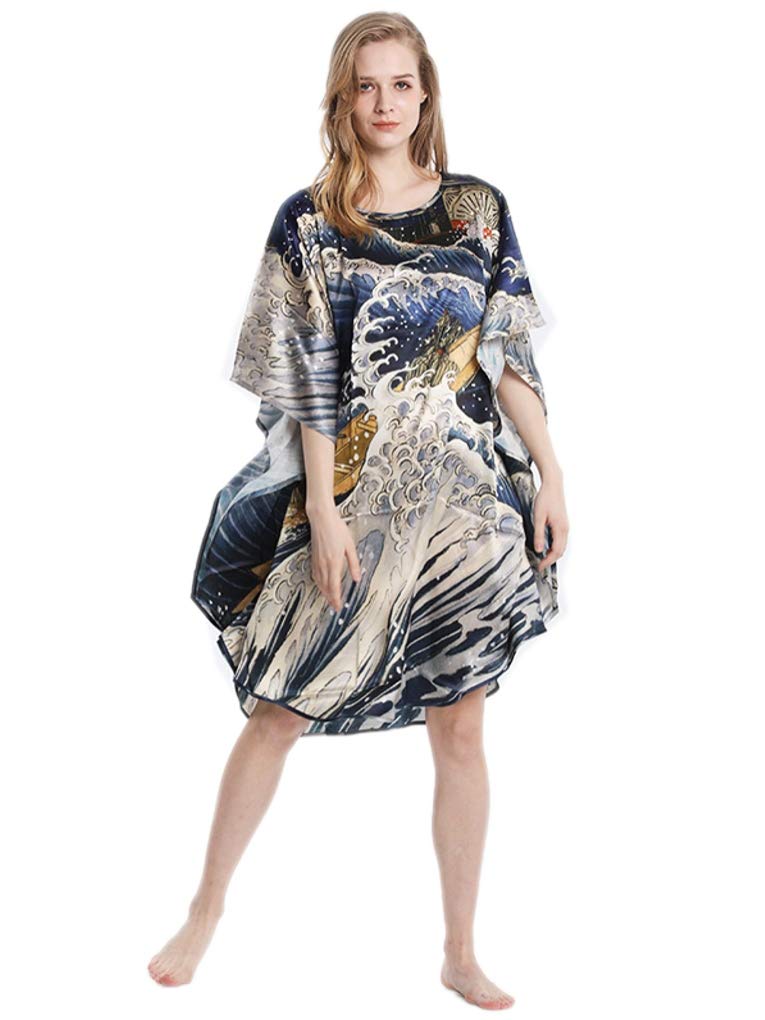 Prettystern Women Silk Long Dress Night-Gown Nightshirt Night-Dress Art Print Katsushika Hokusai the Big Wave YBP098