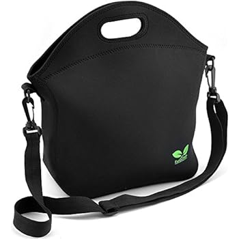 Neoprene Lunch Tote Washable Lunchbox Bag with Shoulder Strap, Non-toxic Insulated Lunch Bag with Extra Pocket (Black N2) for Office Picnic by F40C4TMP